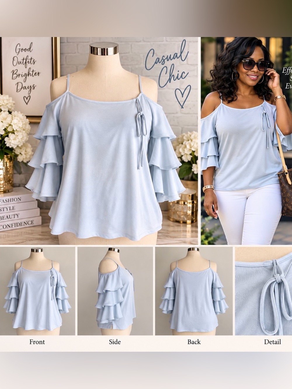 Vince Camuto Light Blue Cold-Shoulder Ruffle Sleeve Tunic